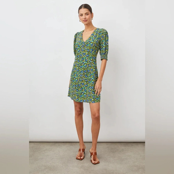 NWOT Rails Roma Mini Dress Abstract Garden Floral Green V-neck Puff Sleeves - Picture 13 of 13